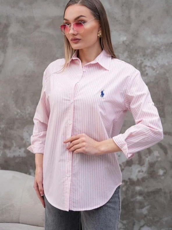 قميص نسائي بولو مخطط وردي وابيض ✅