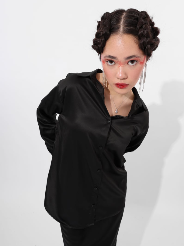 قميص نسائي سادة بوليستر اسود ,قالب طبيعي