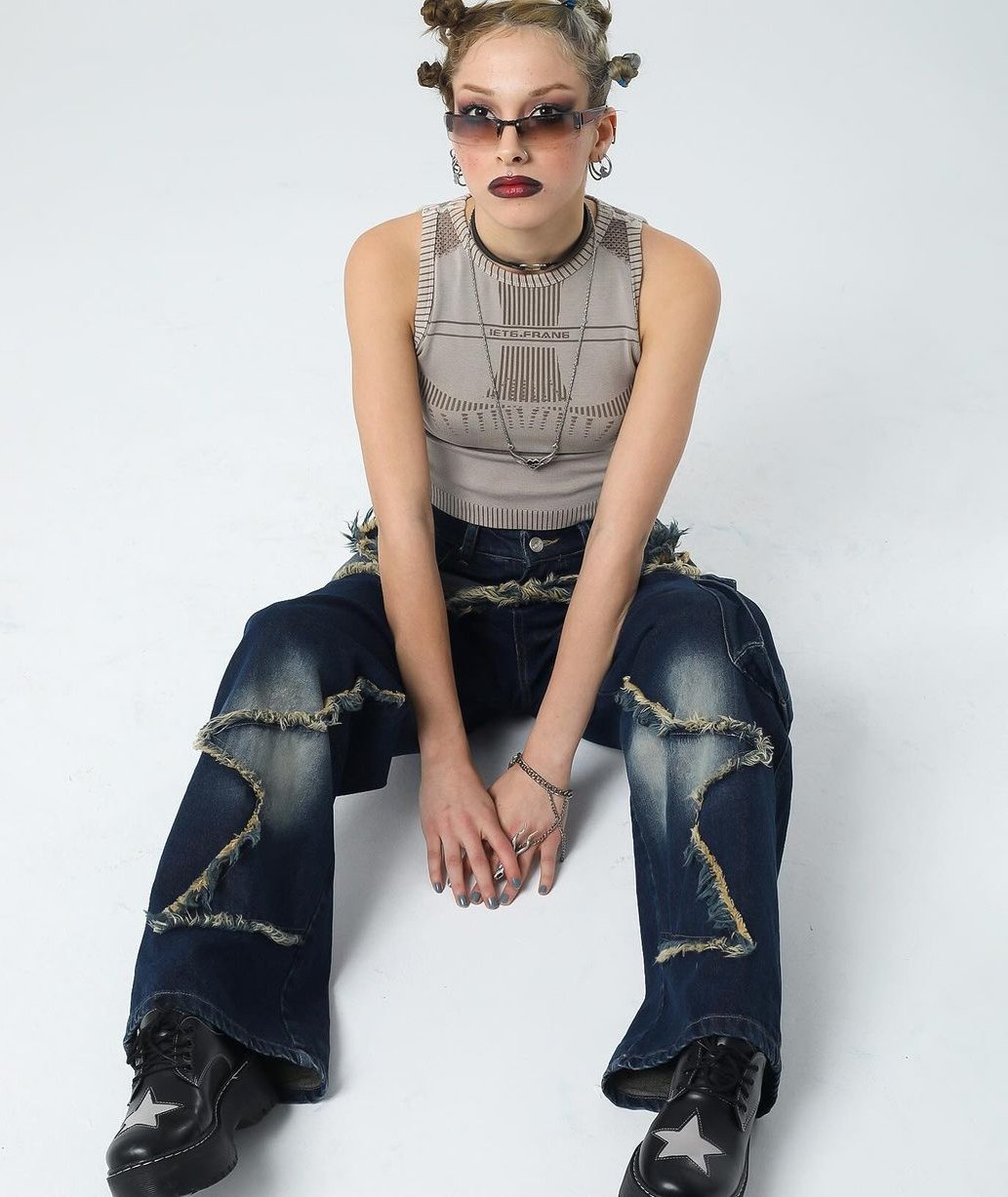 بنطرون جينز نيلي نجوم جيب جانبي , قالب طبيعي