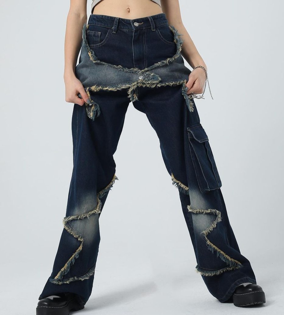 بنطرون جينز نيلي نجوم جيب جانبي , قالب طبيعي