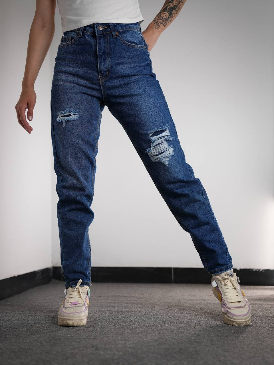 بنطرون جينز بشقوق نسائي ازرق , قالب طبيعي