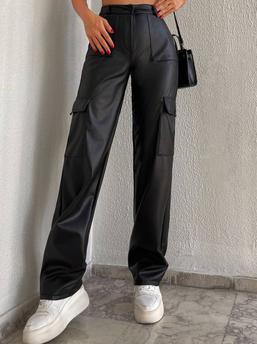 بنطرون كاركو اسود جلد , خصر عالي ,قالب طبيعي