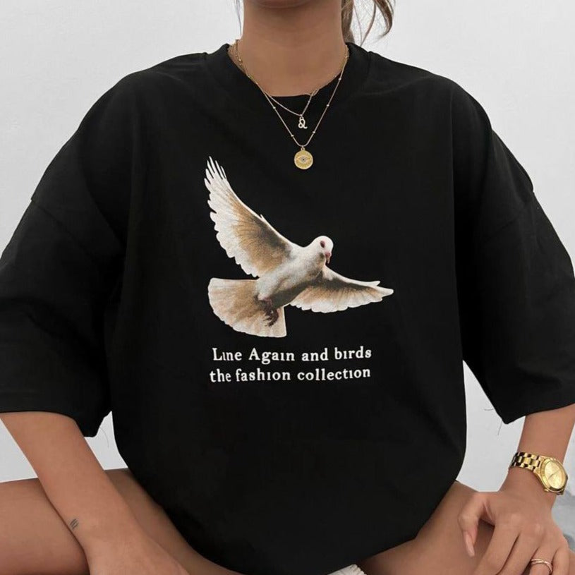 قماش قطني , قالب كبير, LINE AGAIN تيشيرت