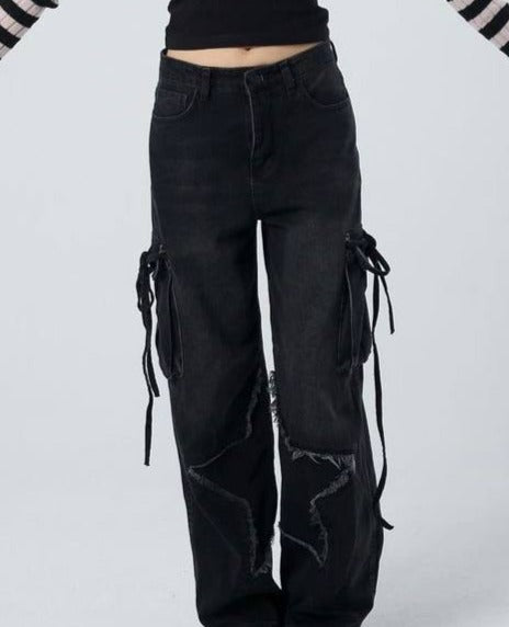 بنطرون كاركو جينز اسود بنجمة منفصلة ,قالب طبيعي