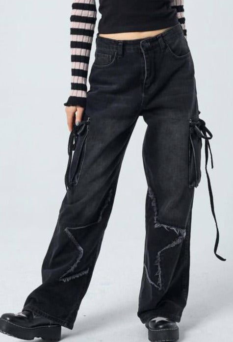 بنطرون كاركو جينز اسود بنجمة منفصلة ,قالب طبيعي