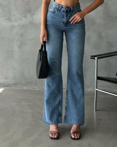 بنطرون جينز ازرق نسائي عالي الخصر , قالب طبيعي