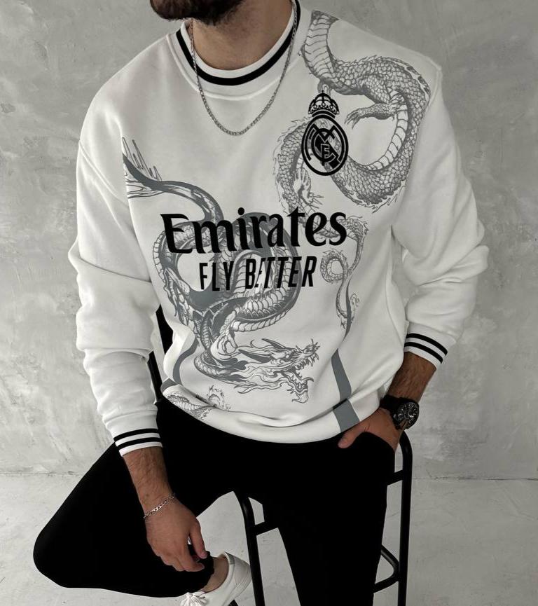 سويتر ابيض ريال مدريد والتنين رجالي نسائي ,قالب كبير