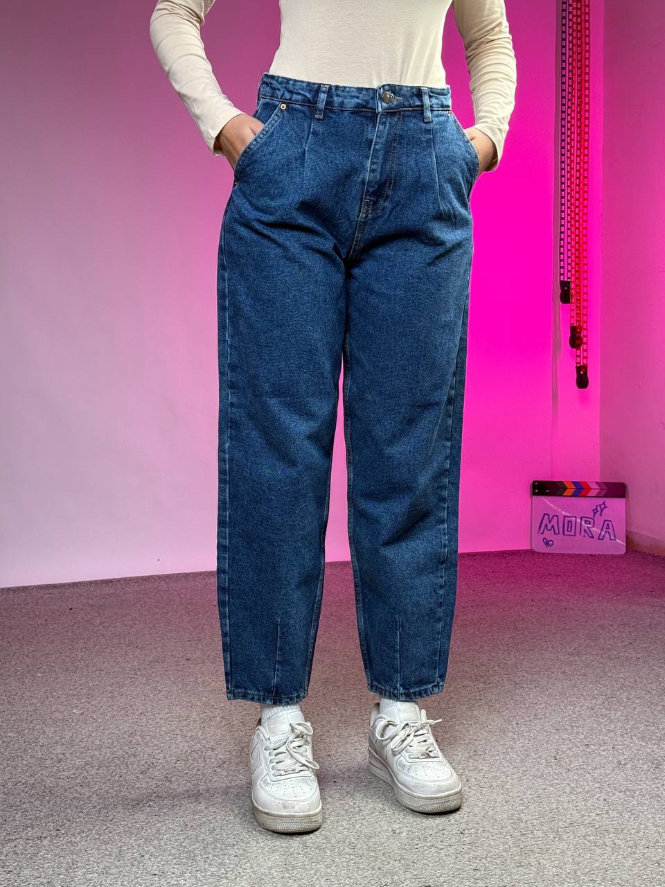 بنطرون نسائي ازرق عالي الخصر , قالب طبيعي