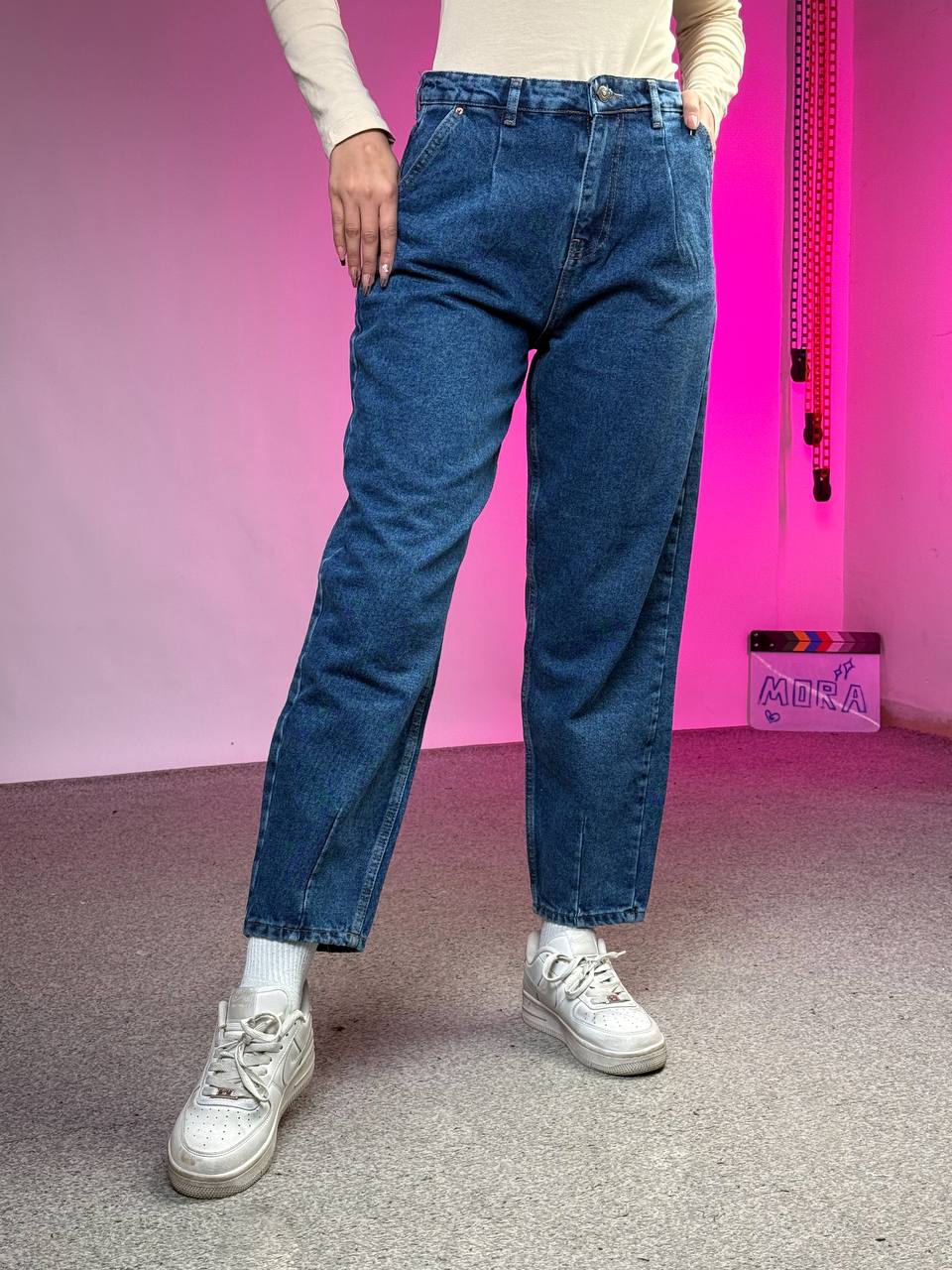 بنطرون نسائي ازرق عالي الخصر , قالب طبيعي