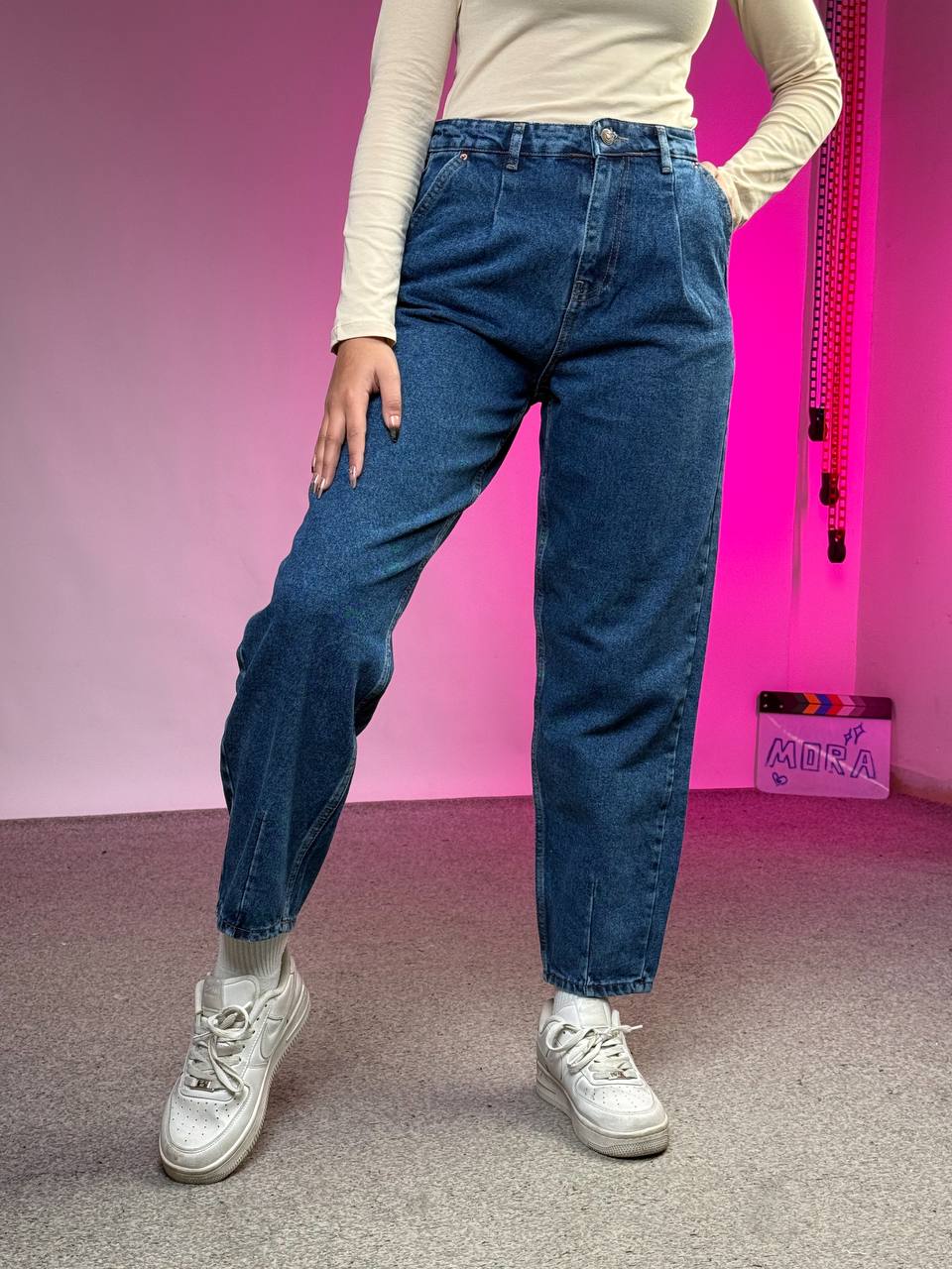 بنطرون نسائي ازرق عالي الخصر , قالب طبيعي