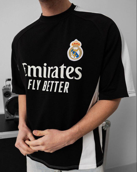 تيشيرت ريال مدريد اسود خطين ابيض , قالب كبير