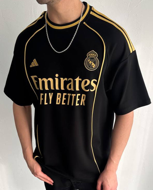 تيشيرت ريال مدريد خط ذهبي اديداس اسود , قالب كبير