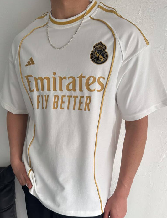 تيشيرت ريال مدريد خط ذهبي اديداس ابيض , قالب كبير