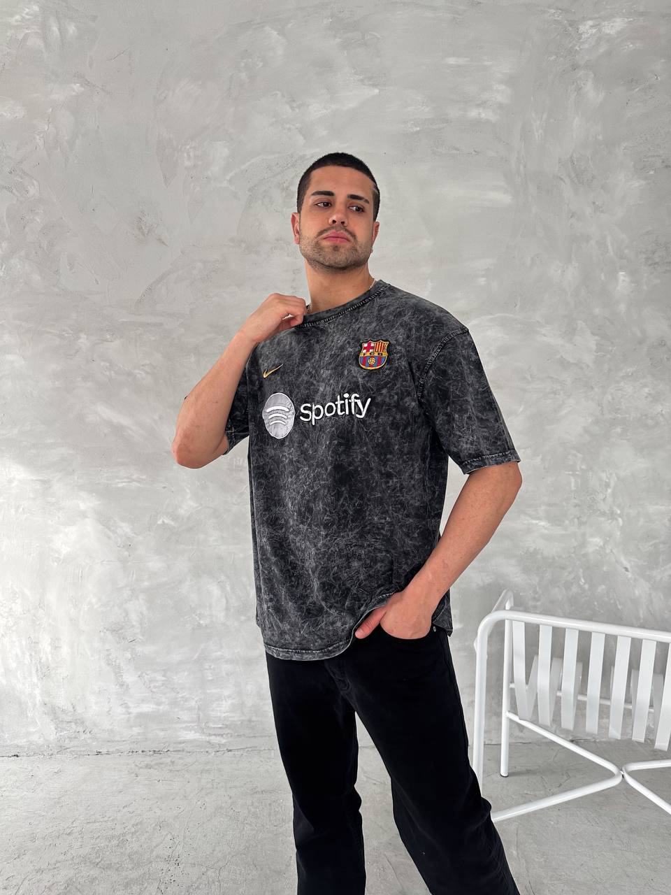 تيشيرت حجري برشلونة اديداس رمادي , قالب كبير