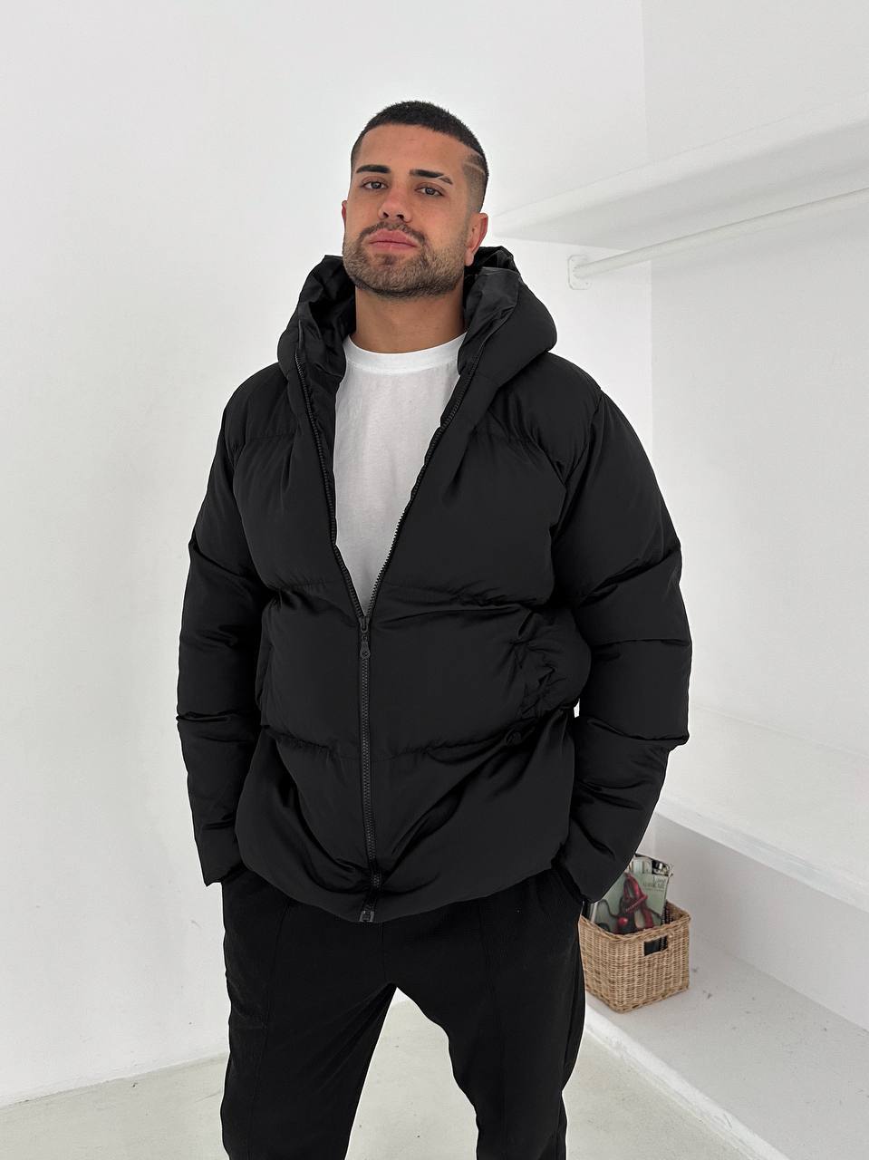 جاكيت نفخ طويل لون اسود , مطري , قالب كبير