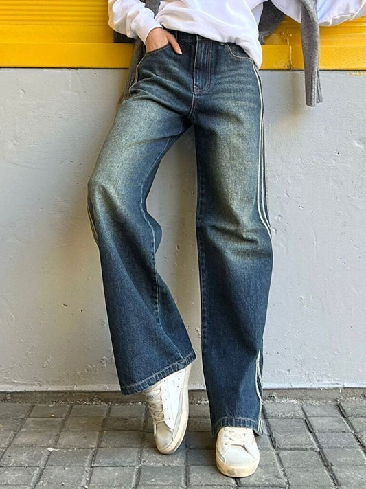 بنطرون جينز ازرق بخطوط جانبية ,قالب طبيعي