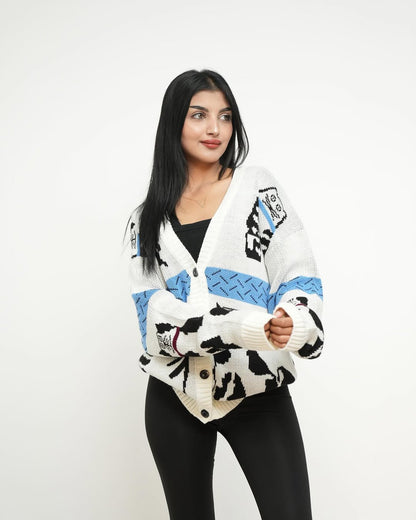 جاكيت حياكة صوف قطط لون ابيض وازرق