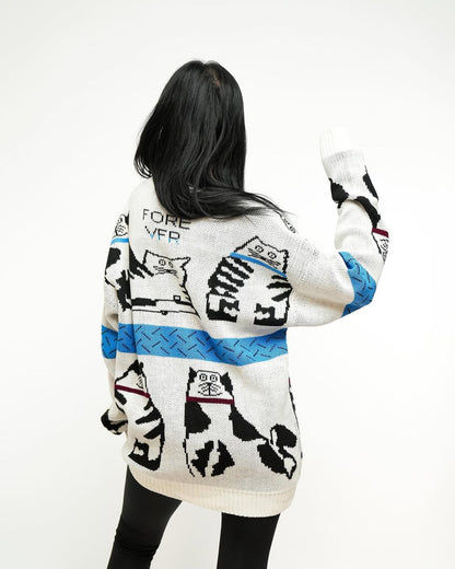 جاكيت حياكة صوف قطط لون ابيض وازرق