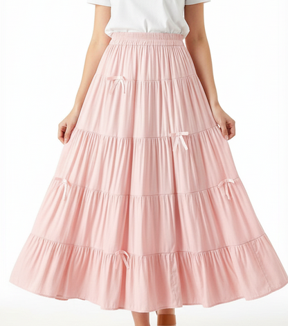 تنورة فيونكة خصر لاستيك لون وردي ✅