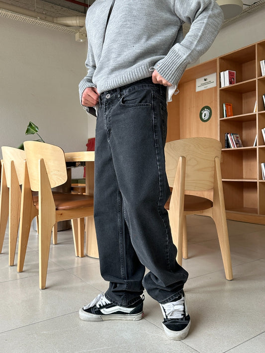 بنطرون جينز رجالي اسود بخيط ابيض , قالب طبيعي