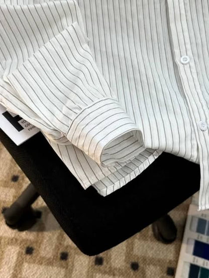 قميص بناتي مخطط قالب واسع ( ابيض - وردي ) *