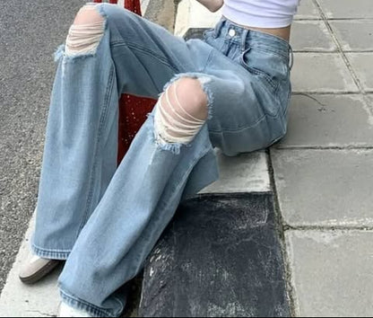 بنطرون جينز فتحات من الركب سمائي *