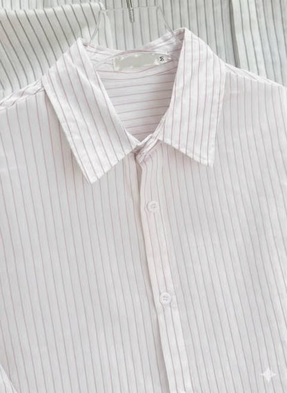 قميص بناتي مخطط قالب واسع ( ابيض - وردي ) *