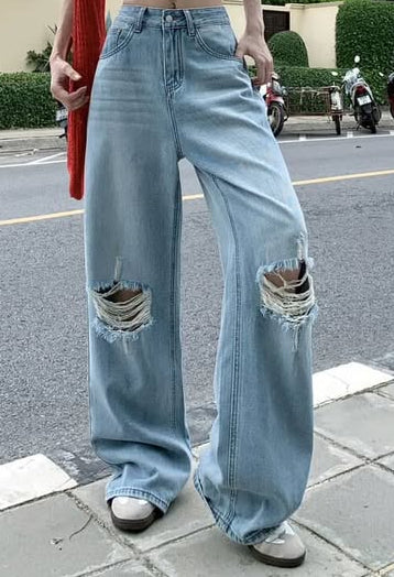 بنطرون جينز فتحات من الركب سمائي *