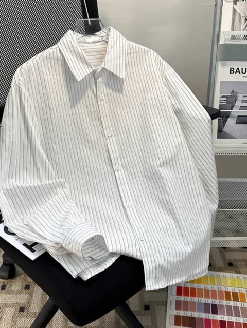 قميص بناتي مخطط قالب واسع ( ابيض - وردي ) *