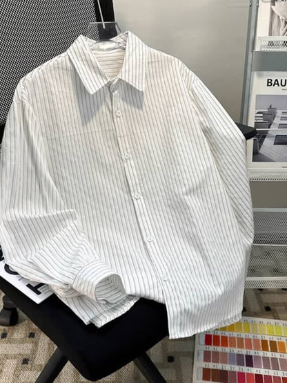 قميص بناتي مخطط قالب واسع ( ابيض - وردي ) *