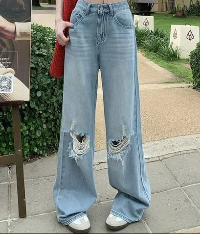 بنطرون جينز فتحات من الركب سمائي *