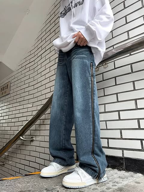 بنطرون جينز سحاب مخطط اسود وازرق *