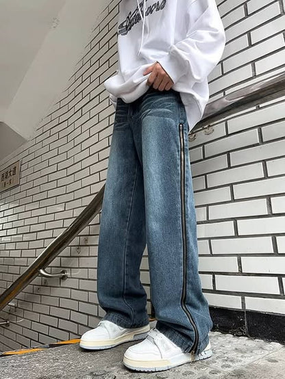 بنطرون جينز سحاب مخطط اسود وازرق *