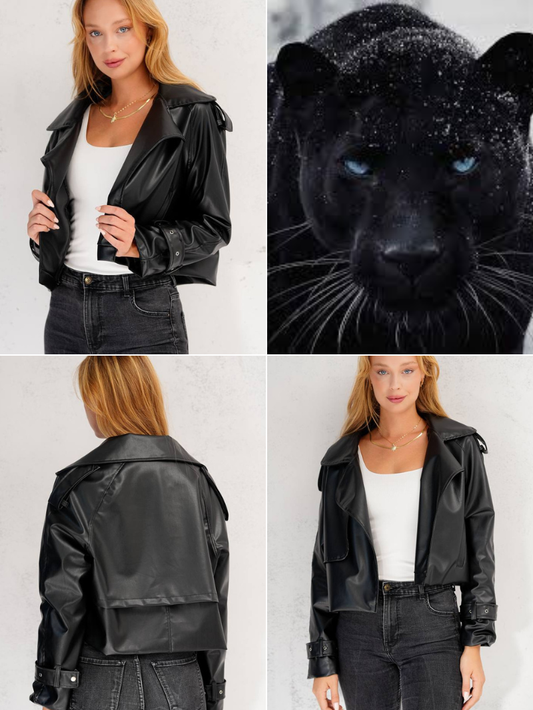 جاكيت نسائي جلد ترنش كوت قصير اسود