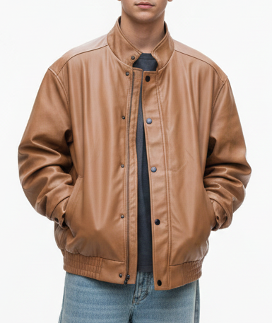 جاكيت بومبر قهوائي جلد اصلي , مبطن ثخين جودة عالية , قالب كبير