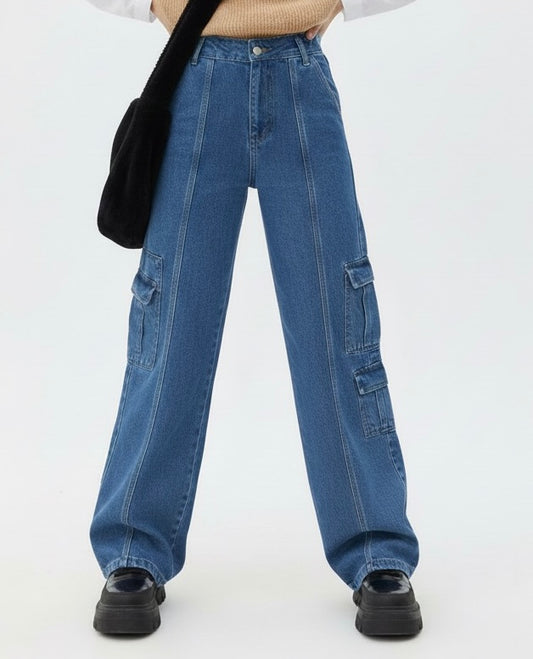 بنطرون جينز ازرق جيوب واسع نسائي , قالب طبيعي