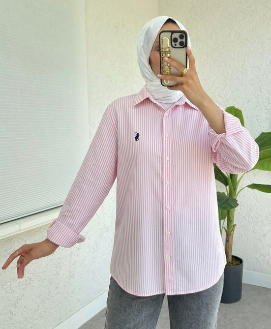 قميص نسائي بولو مخطط وردي وابيض ✅