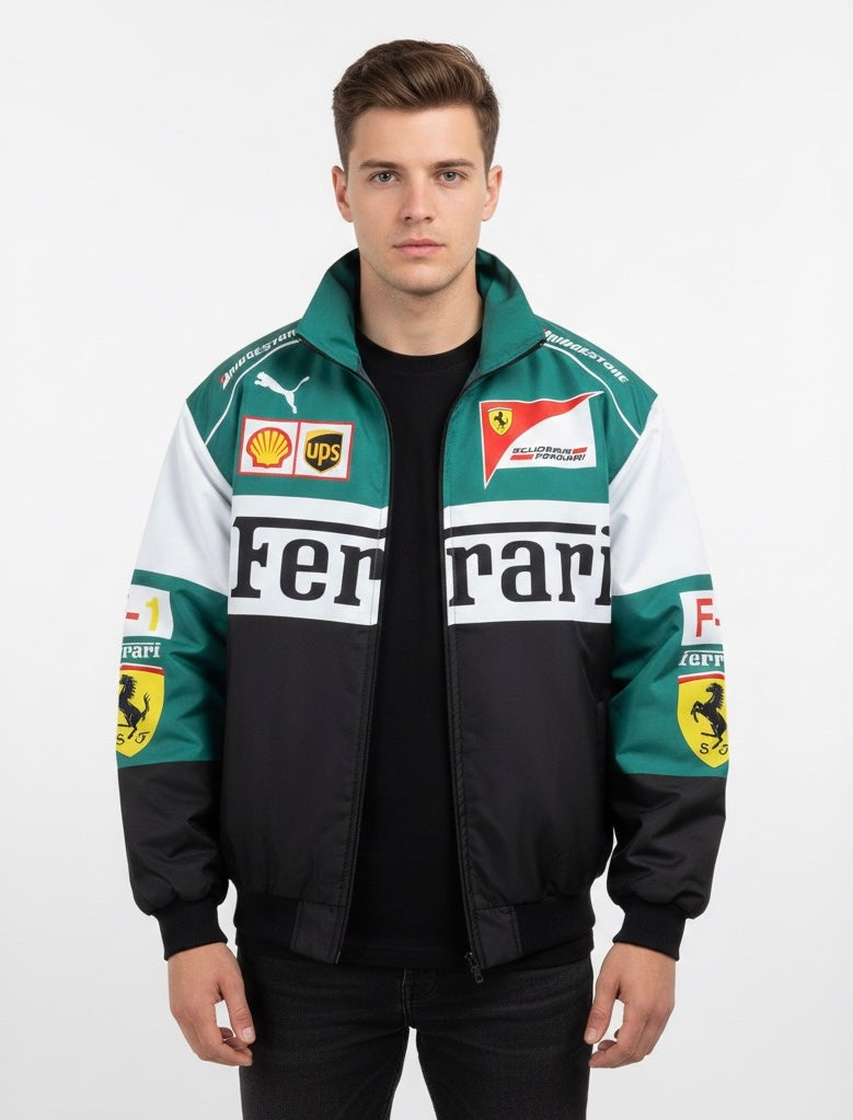 جاكيت فيراري زيتوني وابيض مطري مبطن , قالب كبير