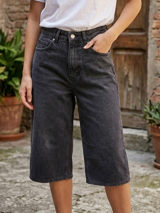 شورت جينز بوي فريند بخصر عالي , قالب طبيعي