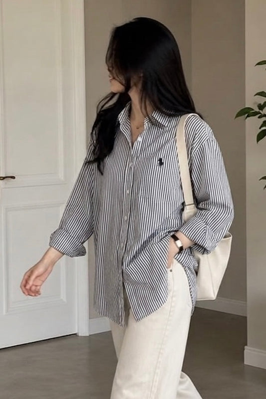 قميص نسائي بولو مخطط اسود وابيض