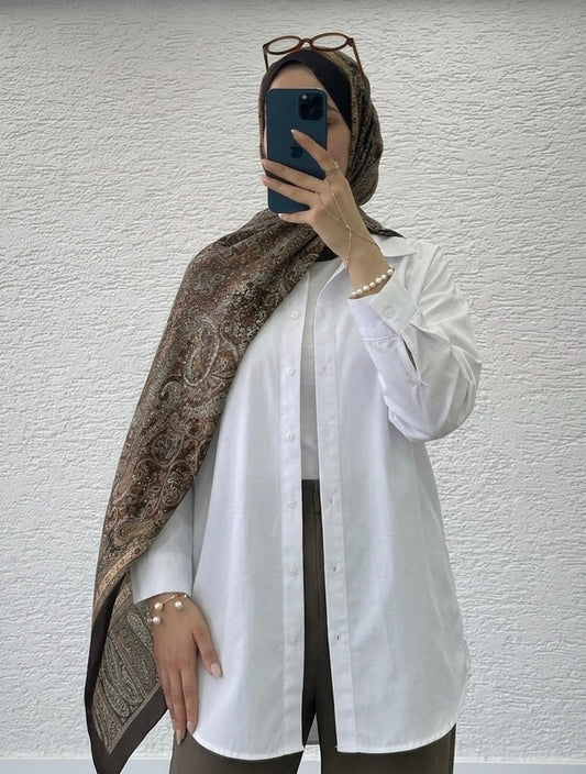 قميص نسائي سادة طويل ابيض ,قالب طبيعي✅