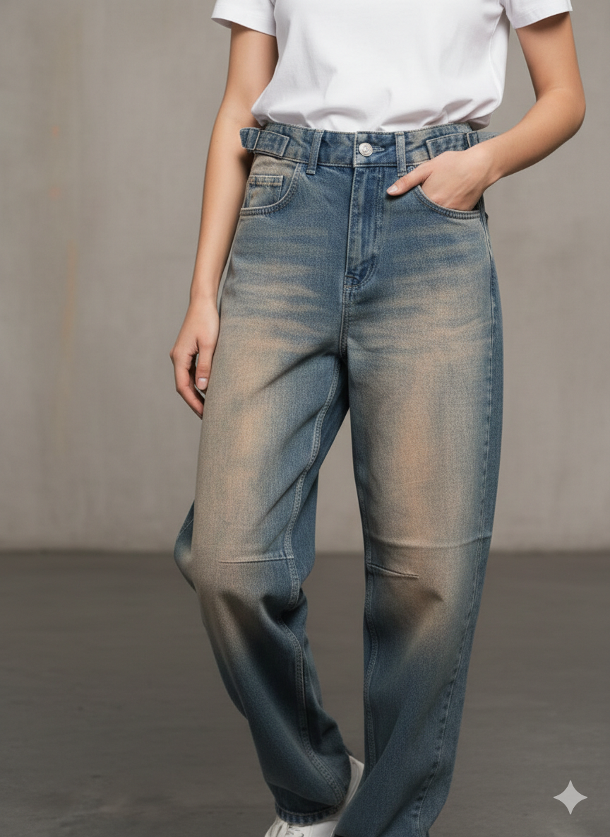 بنطرون جينز احزمة جانبية ,قالب طبيعي