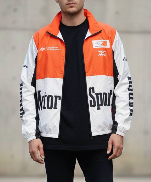 جاكيت موتورز سبوت برتقالي وابيض , مطري خفيف