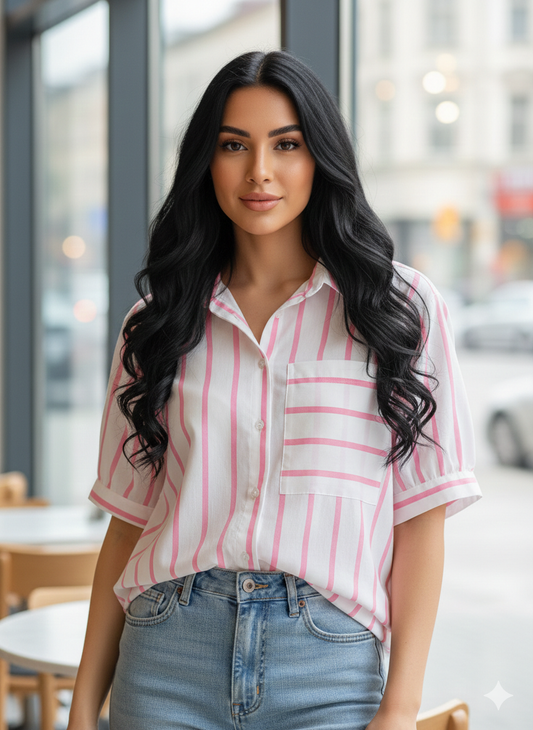 قميص نسائي مخطط نصف ردن ,قالب كبير✅