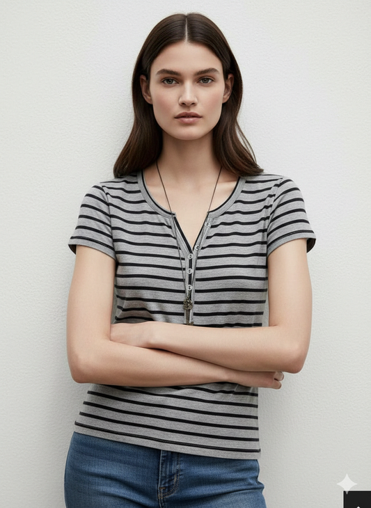 تيشيرت مخطط رصاصي واسود , قالب صغير ✅