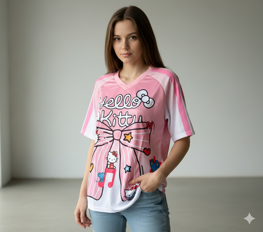 تيشيرت بناتي هيلو كيتي فيونكة ابيض ووردي , قالب صغير✅