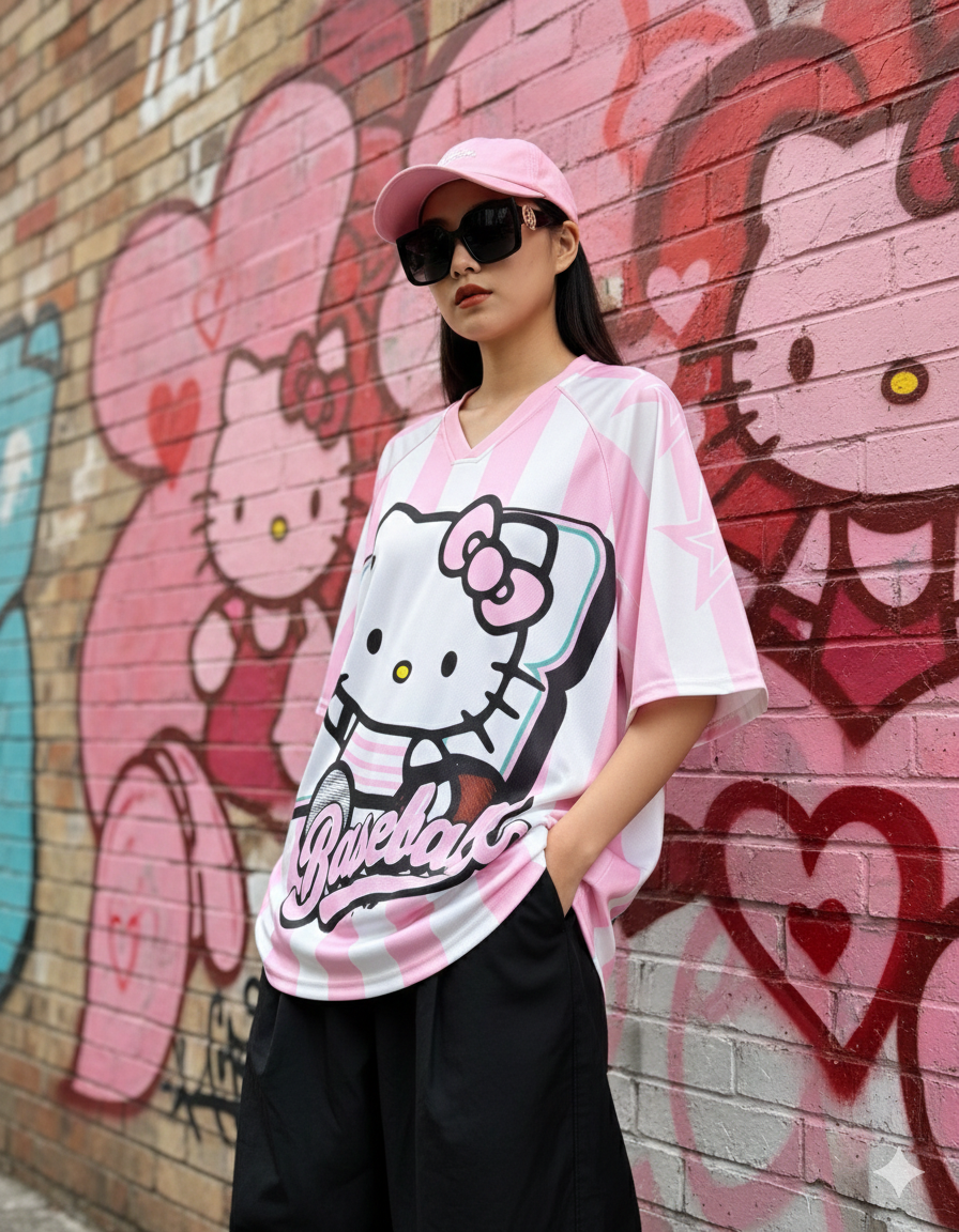 تيشيرت بناتي هيلو كيتي مخطط ابيض ووردي , قالب صغير✅