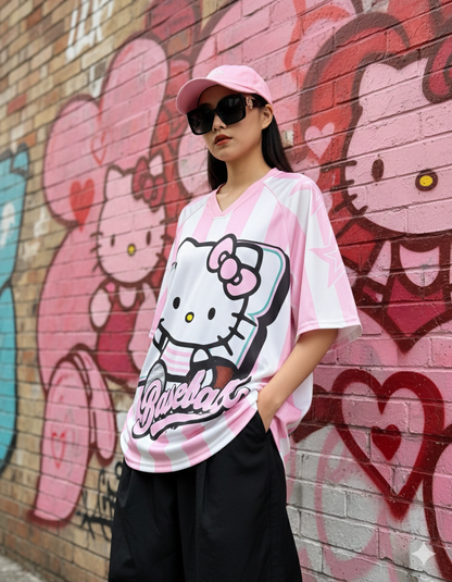 تيشيرت بناتي هيلو كيتي مخطط ابيض ووردي , قالب صغير✅