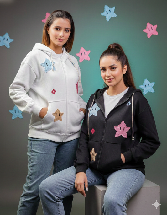 جاكيت بيكسل ستارز بسحاب ابيض واسود