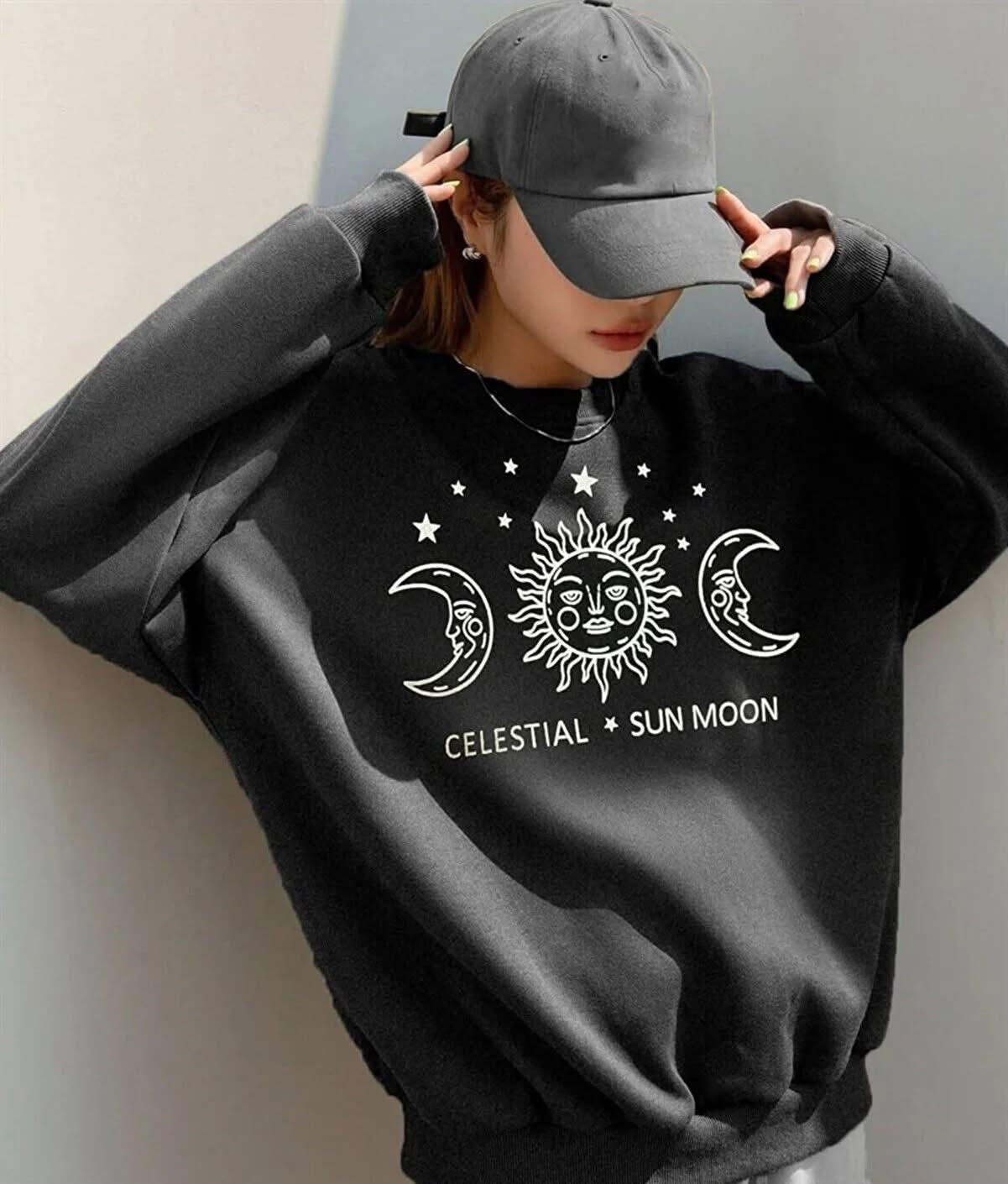 سويتشيرت سماء وشمس وقمر لون اسود